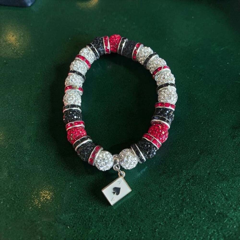 Crystal Disco Ball Stretch Bracelet Red Black Ace of Diamonds Charm